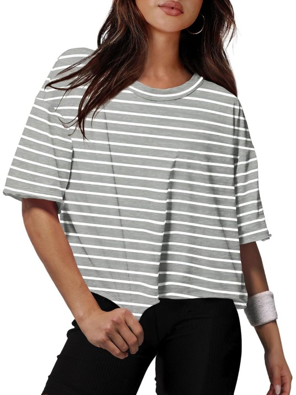 Women's Stripe Grey Crew Neck Casual Crop Tops Short Sleeve Basic Tees Shirts